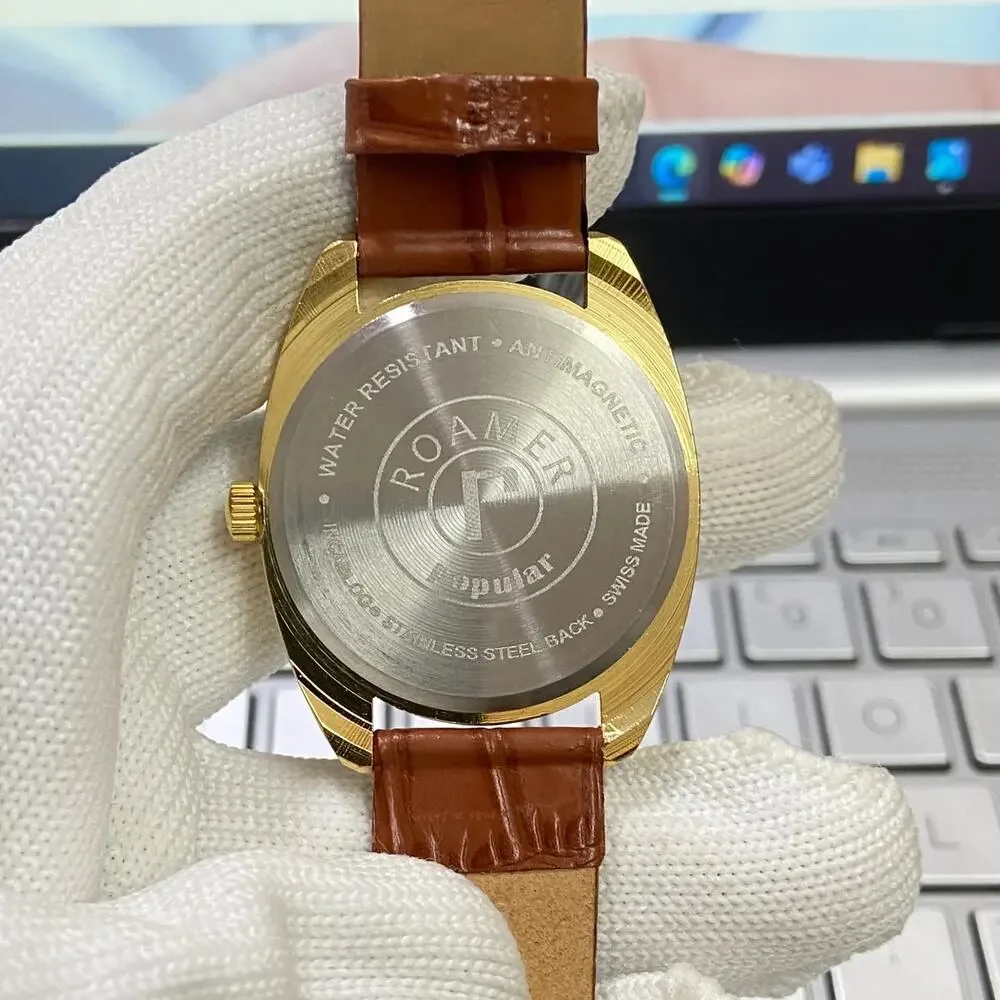 Vintage 1985 Roamer Manual Mens Gold Watch W/Leather Strap & Silver accents